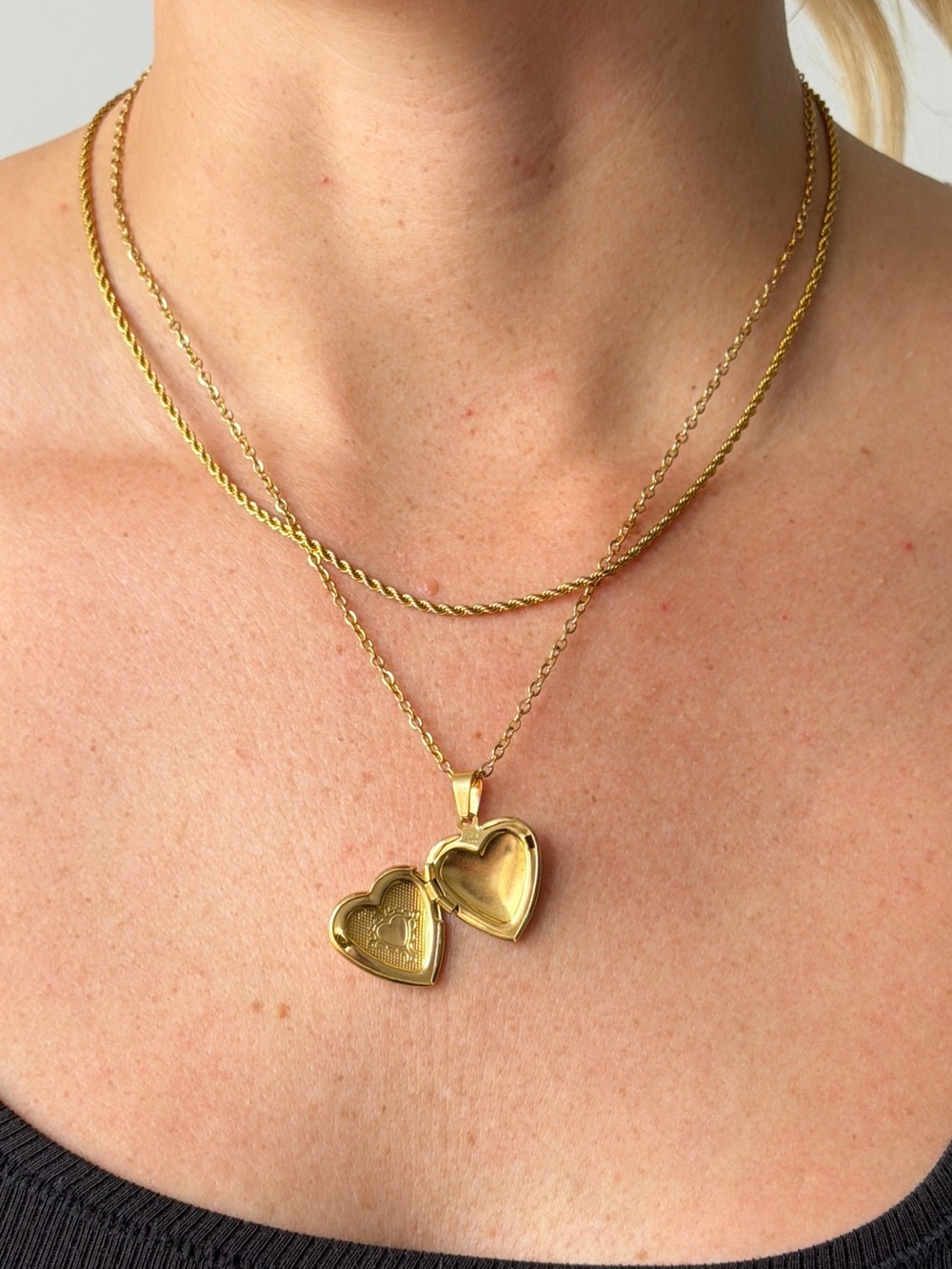 Gold Heart Locket Necklace - Double Chain Women’s Pendant